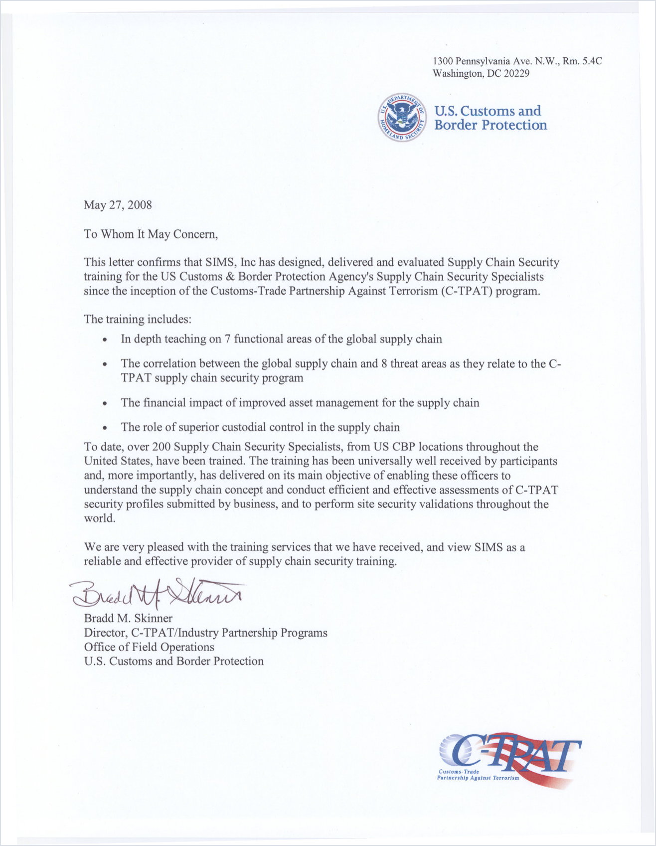 2008 letter of commendation from the Director of C-TPAT, U.S. Customs and Border Protection